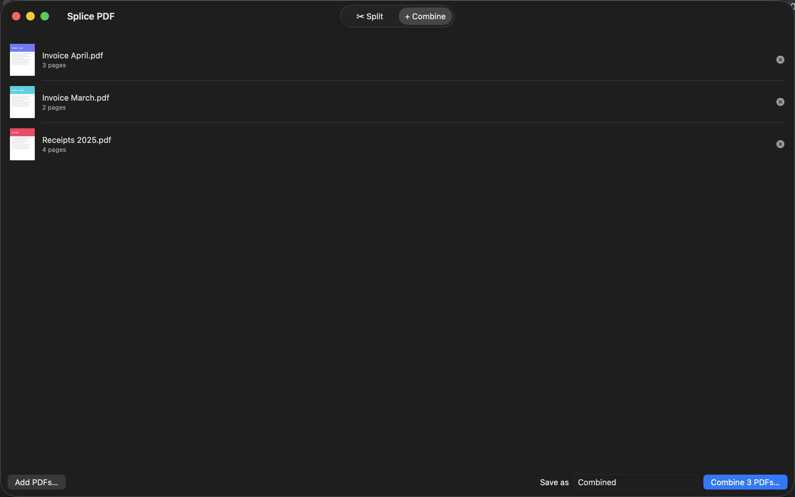Combine mode with several PDFs queued for merging