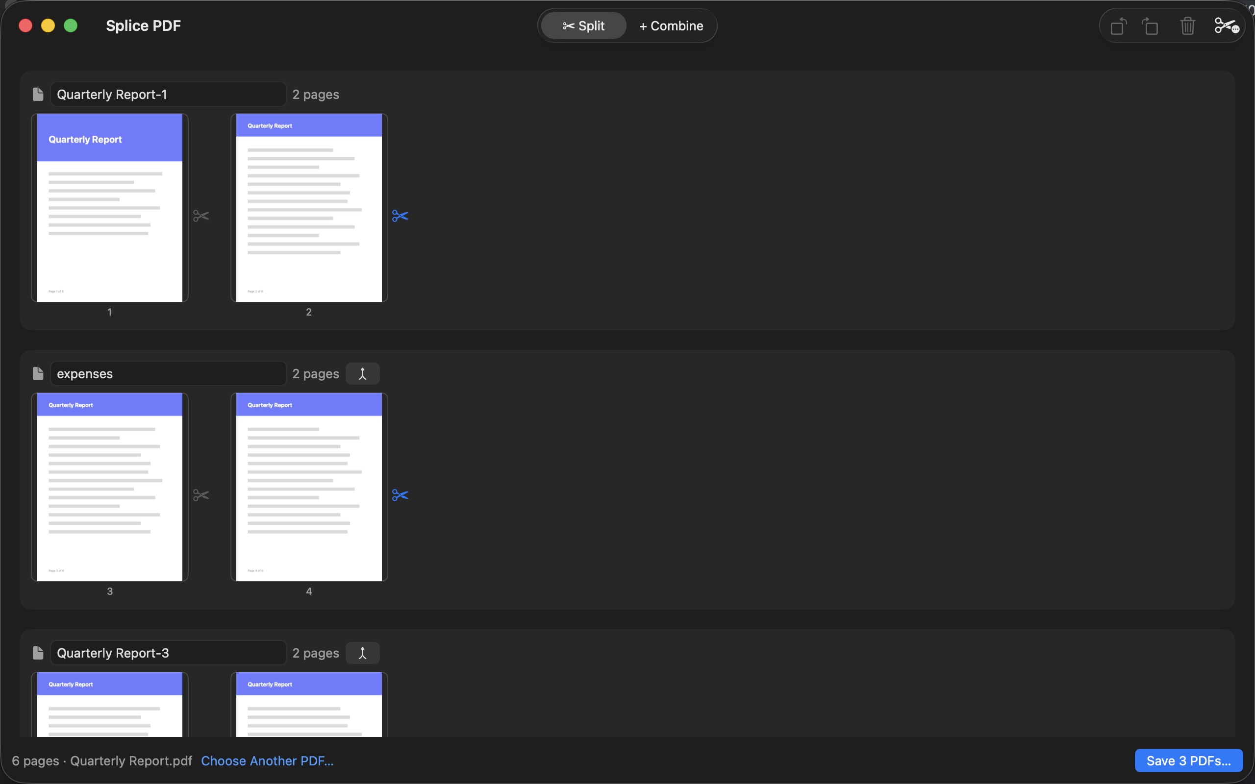 Splice PDF in Split mode, with a six-page report cut into three smaller documents